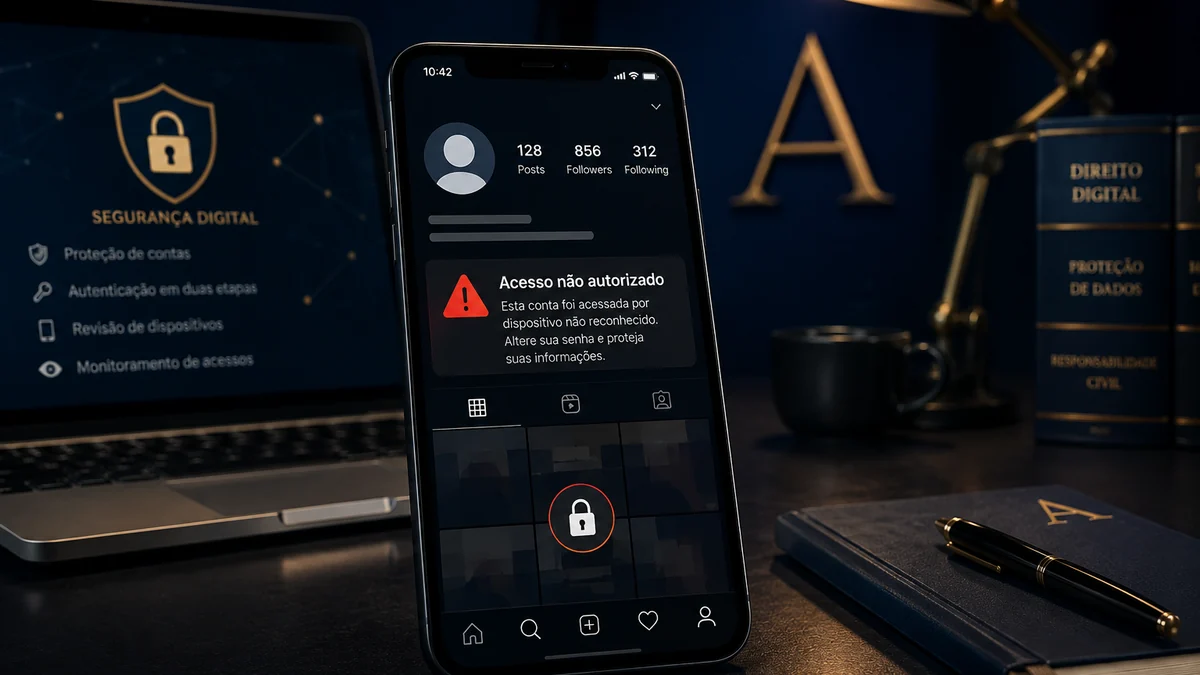 Smartphone com alerta de segurança em uma interface genérica de rede social, representando uma conta comprometida